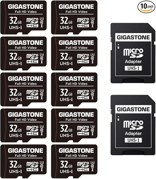 Gigastone 32GB 10-Pack Micro SD Card, Full HD Video, Surveillance Security Cam Action Camera Drone, 90MB/s Micro SDHC UHS-I U1 C10 Class 10