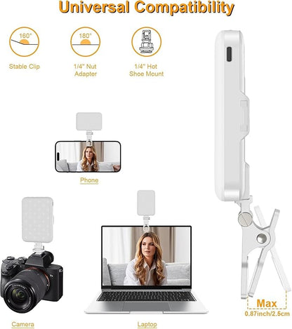 Selfie Light, LED Camera Light Video Lights 60 LED 2200mAh Rechargeable Phone Light 7 Modes, 10-Level Brightness, Portable Clip on Light for Phone/Tablet/Laptop White
