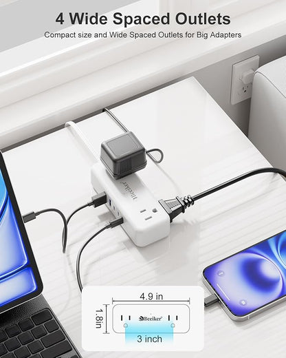 5 USB(3 USB C) Travel Power Strip- 5Ft Short Extension Cord with 5 USB Charging Station 24W/4.8A and 4 Wide Outlets, Compact Flat Plug Small Extension Cord for Travel Cruise College Dorm Office White