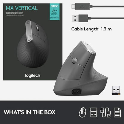Logitech MX Vertical Wireless Mouse – Ergonomic Design Reduces Muscle Strain, Move Content Between 3 Windows and Apple Computers, Rechargeable, Graphite