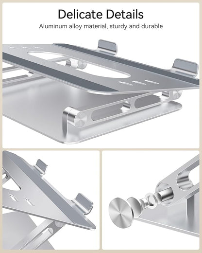 Foldable Aluminum Laptop Stand for 10-17.3" Laptops, Height Adjustable Portable Ergonomic Computer Holder, Space Saving Desk with Heat Dissipation. Compatible with MacBook/Dell/HP etc, Silver