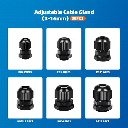 Nylon Cable Gland Kit, CGELE 50 Pack Plastic Waterproof Adjustable Connector 3-16mm Strain Relief Cord Connectors Joints Nylon with Gaskets PG7 PG9 PG11 PG13.5 PG16 PG19