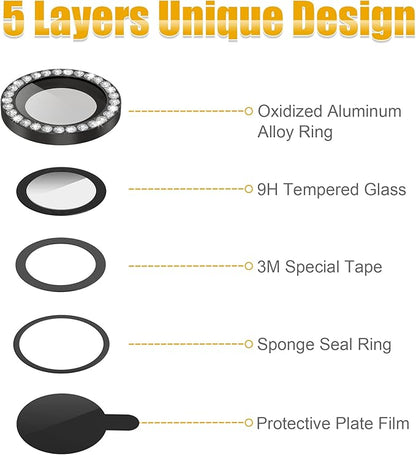AGVEE 3+3 6 Pack for iPhone 13 Pro 6.1" / 13 Pro Max 6.7" Camera Lens Cover Protector, Bling Diamond & Bling Glitter Metal Ring 9H Tempered HD Glass Camera Cover Protector Film, Bling-Black