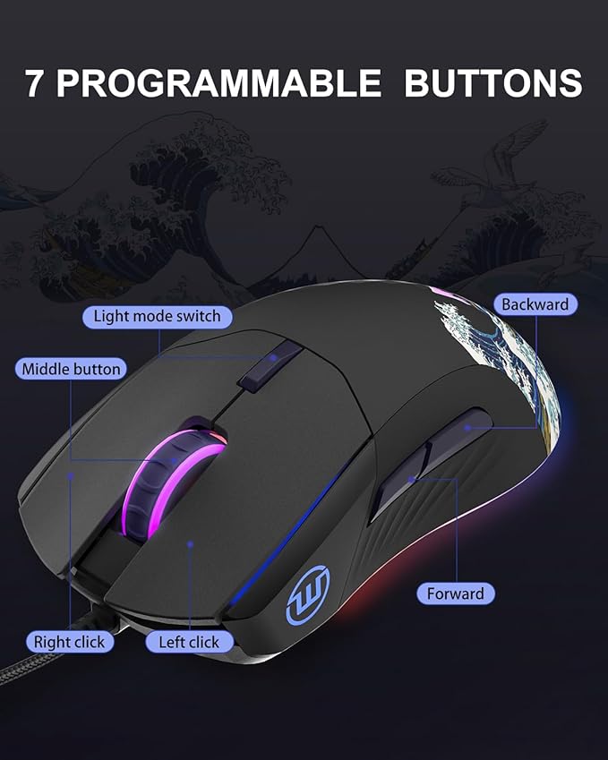 COSTOM Womier G705 USB Wired Gaming Mouse for PC Computer Windows Mac Laptop, Lightweight Silent RGB Backlit Mouse with Adjustable 12000DPI/7 Programmable Side Buttons,Black Kanagawa Theme