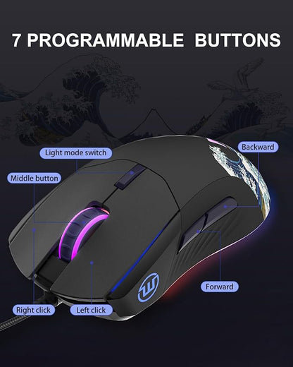 COSTOM Womier G705 USB Wired Gaming Mouse for PC Computer Windows Mac Laptop, Lightweight Silent RGB Backlit Mouse with Adjustable 12000DPI/7 Programmable Side Buttons,Black Kanagawa Theme