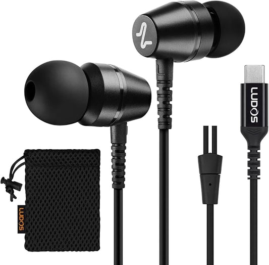 LUDOS OMNITONE USB C Headphones for iPhone 16 15 Pro Max Plus iPad Pro, 5 Years Warranty, USB-C Earbuds for Samsung Galaxy S24 S23 Ultra S22 S21 FE S20 A55 A54 A53, USB Type C Earphones - Black