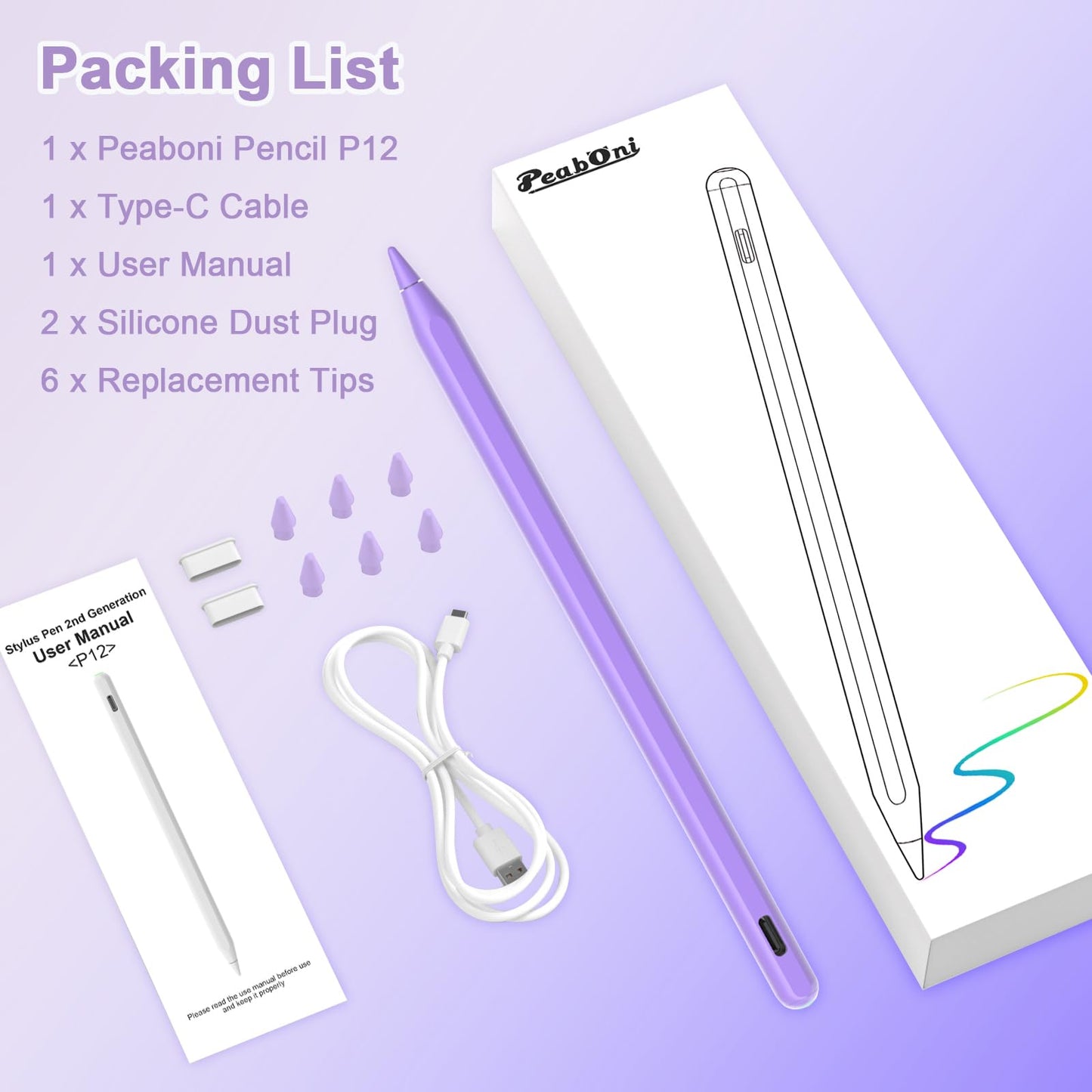 Stylus Pen for iPad, Magnetic Wireless Charging & USB C Fast Charge Pencil Compatible with Apple iPad (A16) 11/10/9/8/7/6th Generation, Pro 13"/12.9"/11", Air M3/M2/5/4/3, Mini (A17 Pro) 7/6/5 Purple
