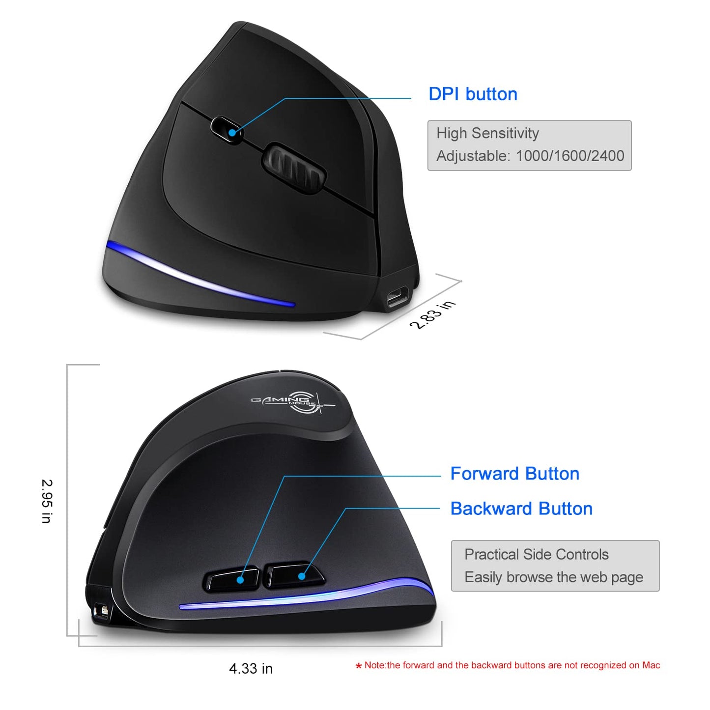 TRELC Ergonomic Mouse, 2.4G Wireless Vertical Optical Mouse with Adjustable Sensitivity (1000/1600/2400 DPI), 6 Buttons for PC, Desktop, Laptop, Notebook (Black)