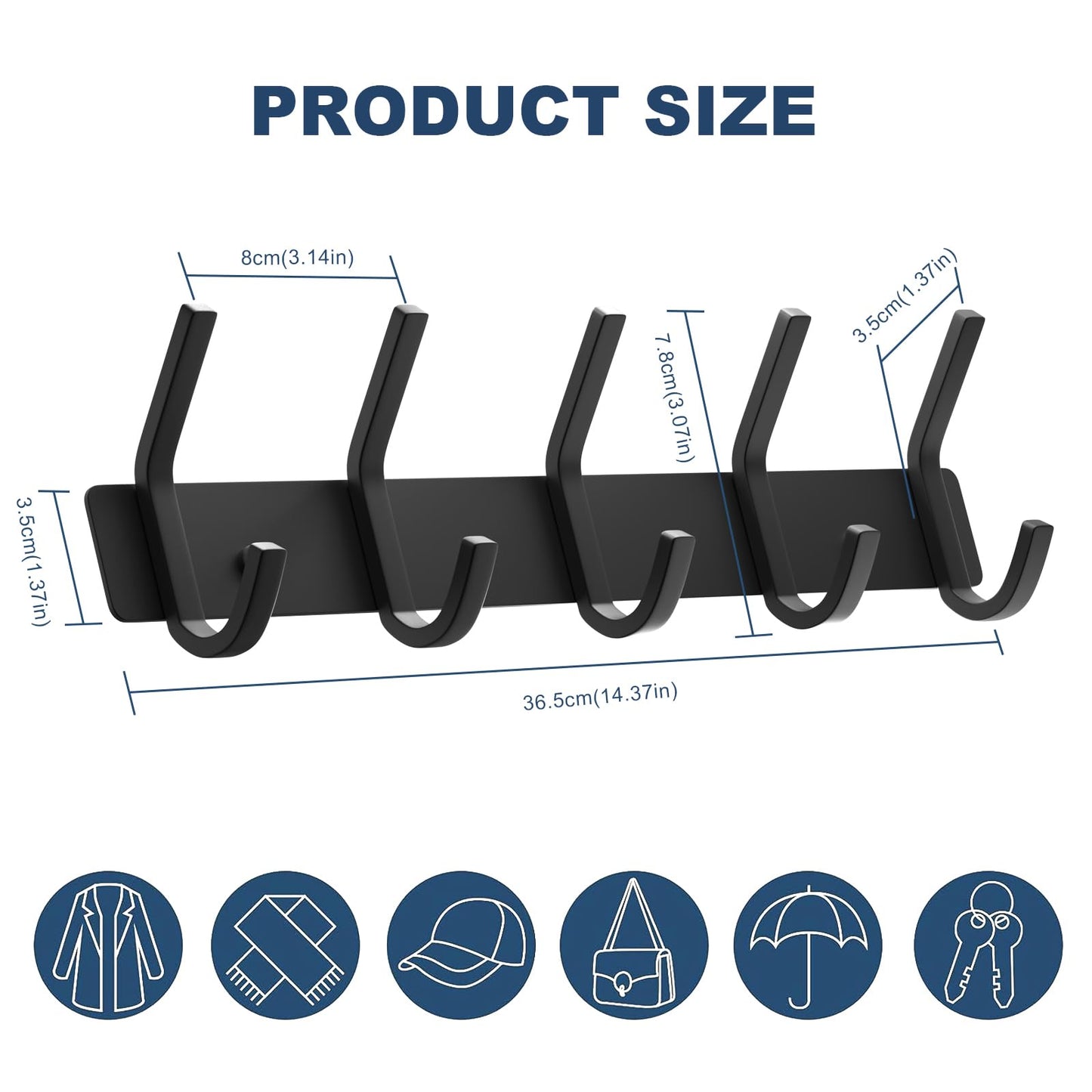 VAEHOLD Wall Hooks, Heavy Duty Aluminum Towel Hooks for Hanging Coat, Hat, Key, Clothes, Closet Hook Wall Mount for Kitchen, Bathroom, Office (“C“ Shape Coat 5 Hooks 1 Pack)