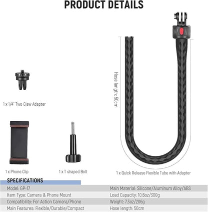 NEEWER Flexible Phone Holder with Magnetic Quick Release Camera Mount Compatible with Insta360 DJI Action 4 iPhone, Bendable Selfie Stick for Shopping Cart/Stroller/Treadmill/Gym, GP-17