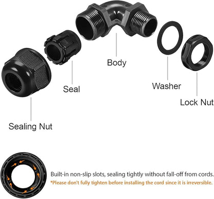 LeMotech M20 Cable Gland, 90 Degree Adjustable 9-14mm Strain Relief, Cord Connectors Nylon Joints with Gaskets, 2 Pcs, Black