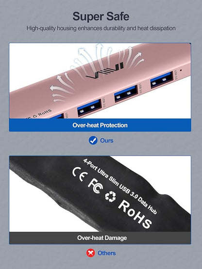 USB 3.0 Hub, 4 Port USB Hub Splitter, USB A Expander Portable USB Adapter Multiport Data Hub for Laptop, iMac Pro, MacBook Air, Mac mini/Pro, Surface Pro, USB Flash Drives, and Mobile HDD-Pink
