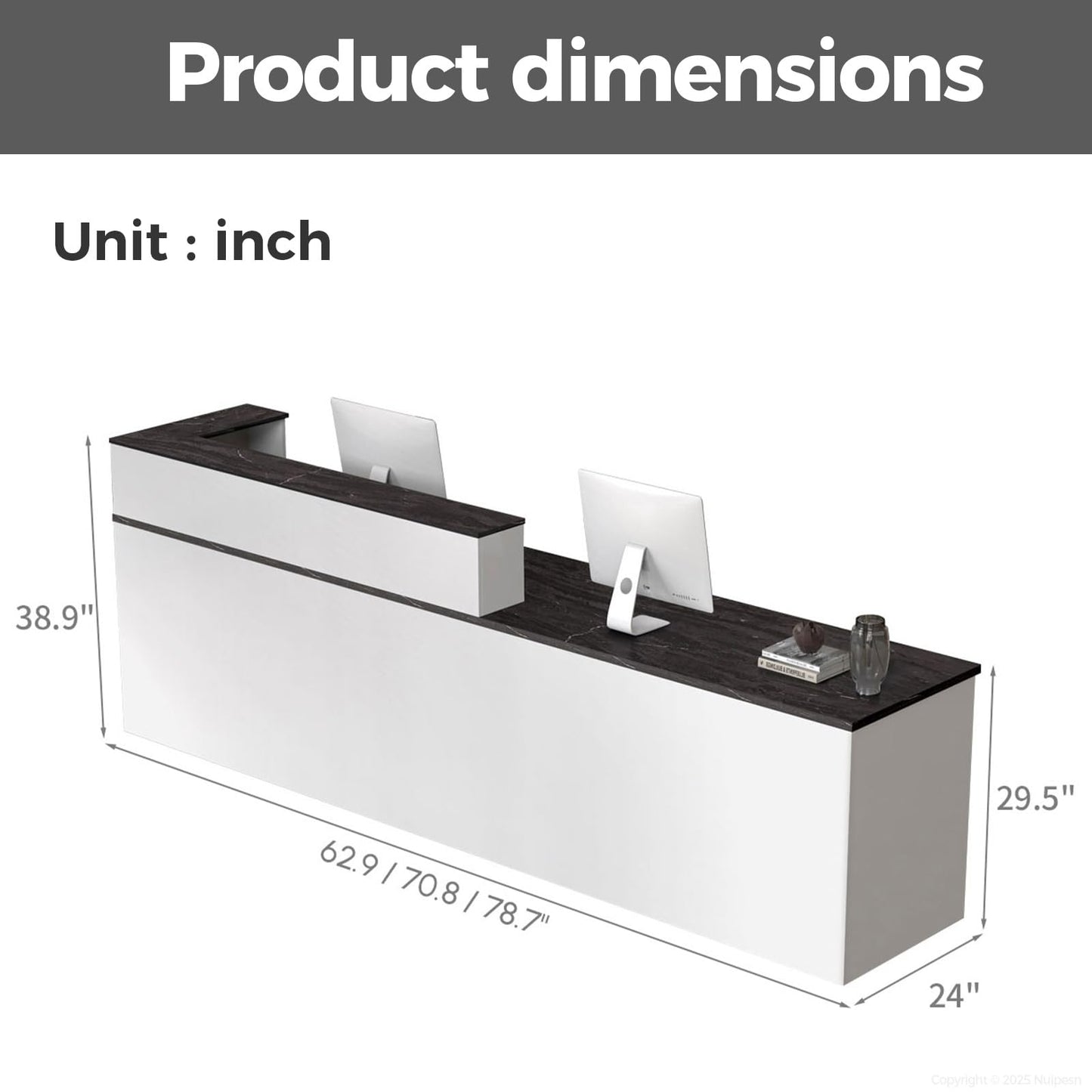 Nuipesn 71" Modern Reception Desk with Counter, Lockable Drawer, Keyboard Tray & Cable Grommet, Right Layout, White + Black