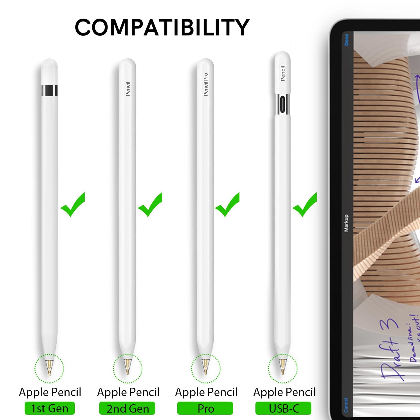 Delidigi 3 Pack Replacement Tips Compatible with Apple Pencil Pro/2nd Generation/1st Gen/USB C, Wear-Resistant iPencil Nibs Accessories Fine Point Precise Control Pen Like Tips