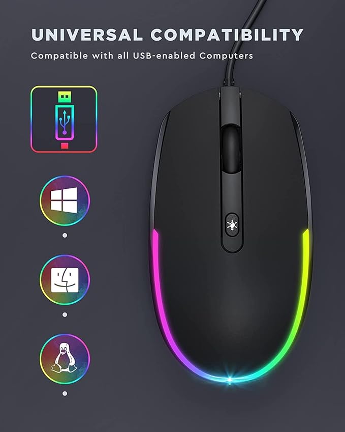 seenda Wired Mouse - USB Computer Mouse Wired with RGB Backlit Optical LED Mouse with Attached USB Cord for Laptops Notebooks Chromebook - Black