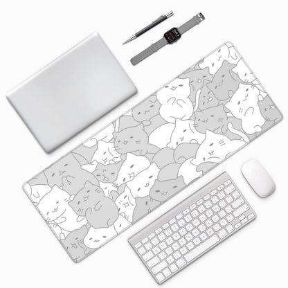 White Kawaii Cats E-Sport Mouse Pad Large Desk Mat Non-Slip Rubber Base Stitched Edge Keyboard Mouse Pad for Office Home E-Sport Computer Laptop, 31.5×11.8 Inches