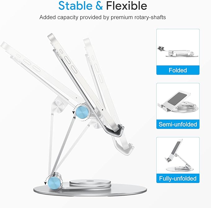 OMOTON Swivel Tablet Stand for iPad with 360 Rotating Base, Foldable Adjustable Holder for Drawing, Compatible with iPad Pro/Air/Mini and More, Silver