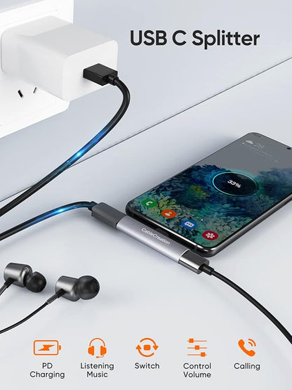 CableCreation USB C Splitter, 2-in-1 USB C Audio and PD Charging Adapter, Type C Aux Cord Compatible with New iPad Pro, MacBook, iPhone 16 15, Galaxy S9/S10/S20/S21 Ultra/S22/S23/S24, Pixel 9/8/7/6+