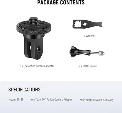 NEEWER Action Camera Tripod Mount Adapter with 1/4"-20 Screw Aluminum Alloy Accessories Compatible with Insta360 X5 X4 X3 GoPro Hero 13 12 DJI Osmo Action 5 Pro 4 3 AKASO APEMAN, GP-81