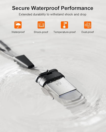 64GB USB 3.0 Flash Drive, Mini Thumb Drive Waterproof Memory Stick with Lanyard Hole Plug and Play Portable USB Stick Storage for Computer Laptop Smart TV, Black