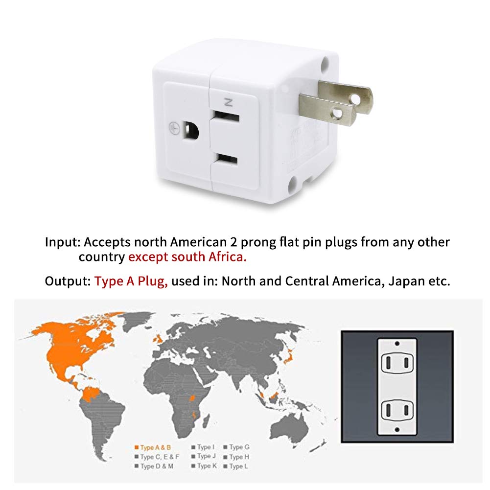 SYCON Adapter Outlet Extender, 2-Prong to 3-Prong Mini Wall Plug, Multi Outlet Splitter with 3 Outlets