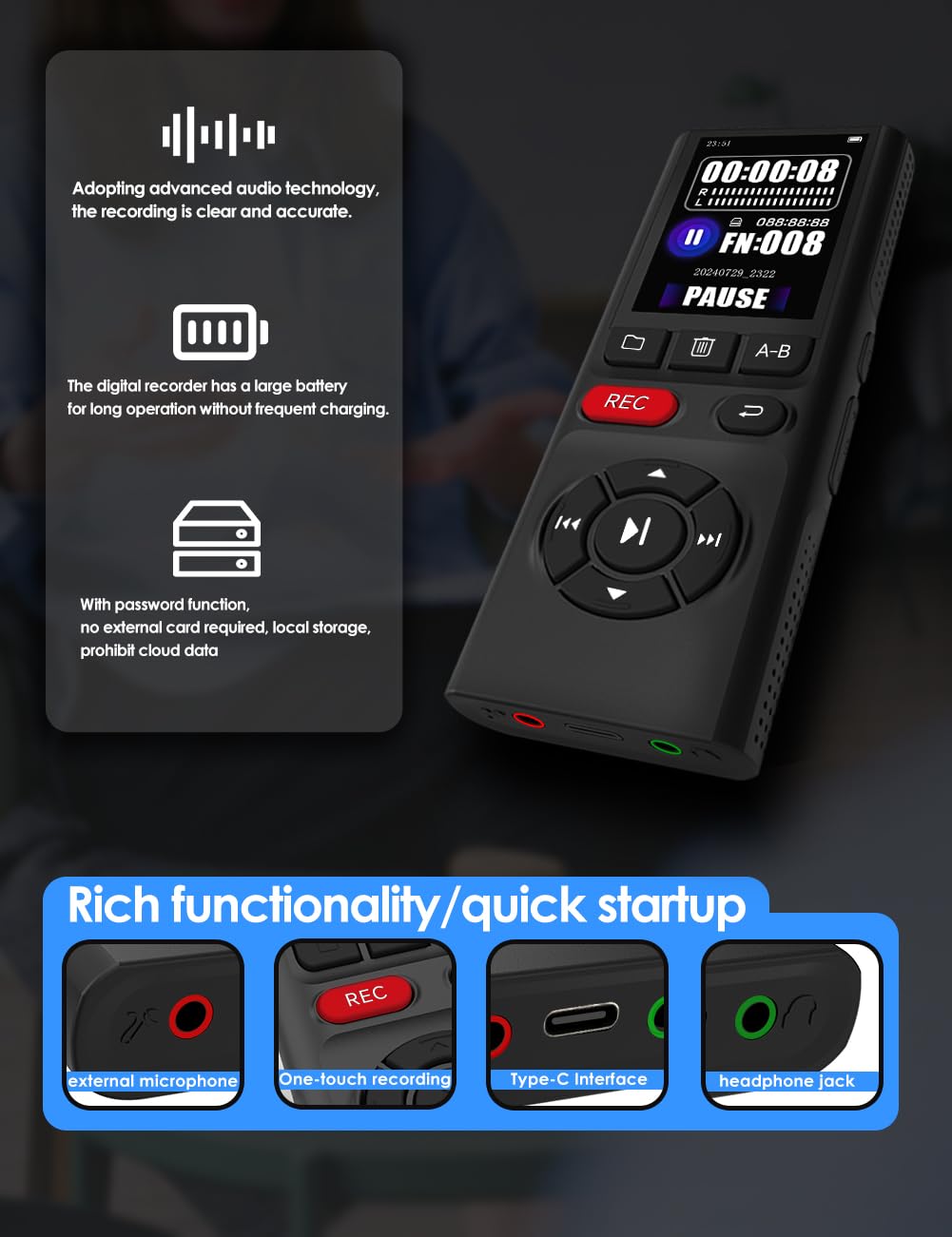 64GB Jaswill Digital Voice Recorder with Playback Long Battery 2-inch Screen MP3 Audio Recording for Meetings Lectures and Interviews Portable USB Recording Device with Voice Activation