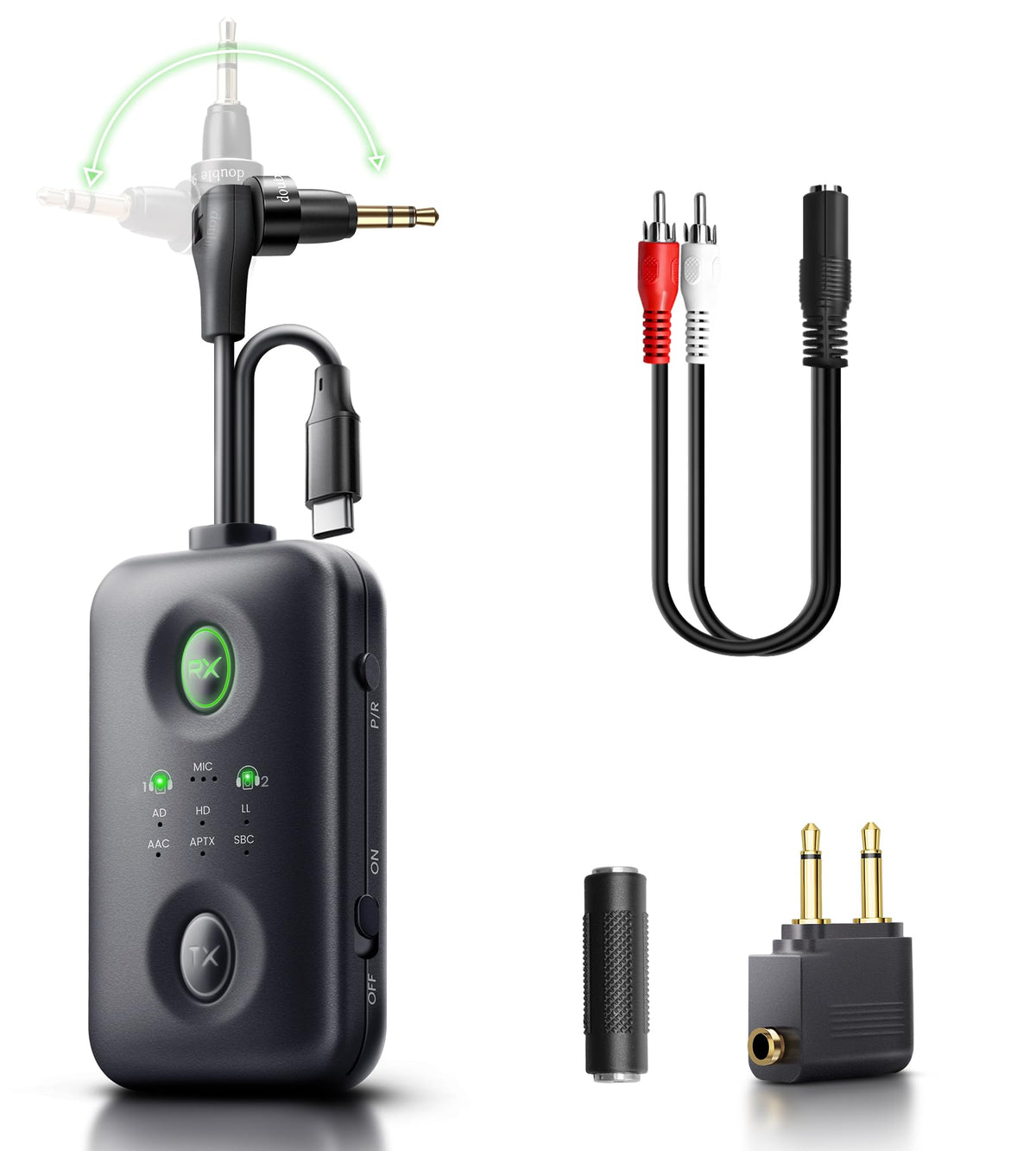 Unique Design Bluetooth 5.4 Transmitter Receiver with Qualcomm aptX Adaptive for Dual AirPods/Headphones, 3.5mm Aux Jack & USB C Bluetooth Adapter for Airplane/TV/PS5/Gym/Phone (for TV)