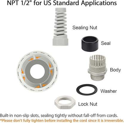 LeMotech 50Pcs NPT 1/2" IP68 Waterproof Cable Gland Flex Spiral Strain Relief Grey Nylon Joint with Gaskets for 6-12mm Wire Thread