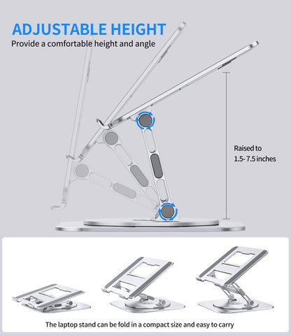AOEVI Adjustable Laptop Stand with 360 Rotating Base, Stable Computer Stand for Laptop Ergonimic Foldable Laptop Riser for Desk Compatible with MacBook Pro/Air Notebook up to 16 Inches, Silver