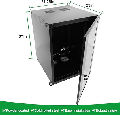 12U Server Cabinet Wall Mount Rack Enclosure with Caster Wheels 2 Server Fans Locking Glass Door Removable Side Panels 19" Network Cabinet 15-18.5" Installation Depth Heavy-Duty Frame (27INCH, 12U)
