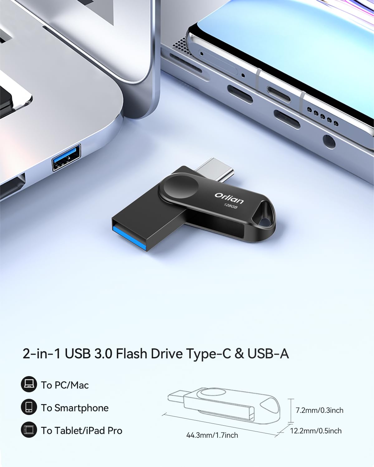 Orlian 2PCS 128GB USB C Flash Drive for Phone, Dual USB 3.0 Phone Thumb Drive Type-C & USB-A, up to 110MB/S Metal Waterproof Swivel Memory Stick for iPhone 15/16/17, Android, Tablet, Computer PC