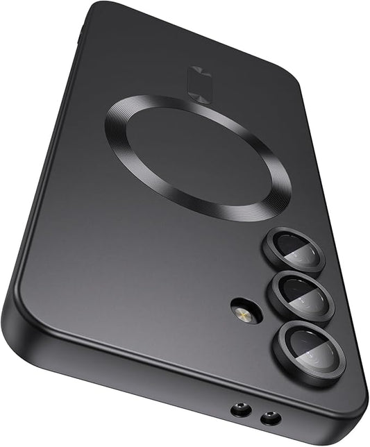 Magnetic for Samsung Galaxy S25 Plus Case [Compatible with MagSafe][Built-in Camera Lens Protector] Slim Soft Silicone Bumper Shockproof Metallic Luster Phone Shell (Black)
