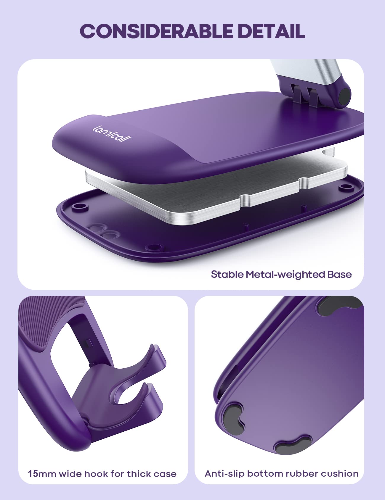 Lamicall Purple Phone Holder for Desk - Dark Purple Cellphone Stand Desk Accessories Desktop Office Must Have, Gifts for iPhone 17 16 15 14 13 Pro Max Mini, 12 11 X Plus SE, 4-8'' Telephone Stand