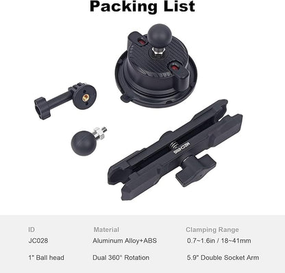 Camera Suction Cup Mount with Ball Head Magic Arm, Universal 360°Vacuum Suction Cup Mount for Action Cameras/GoPr0 Hero 13/DJI Osmo X4/Phone Holder on Car Windshield,Dashboard-Video Shooting,JC028