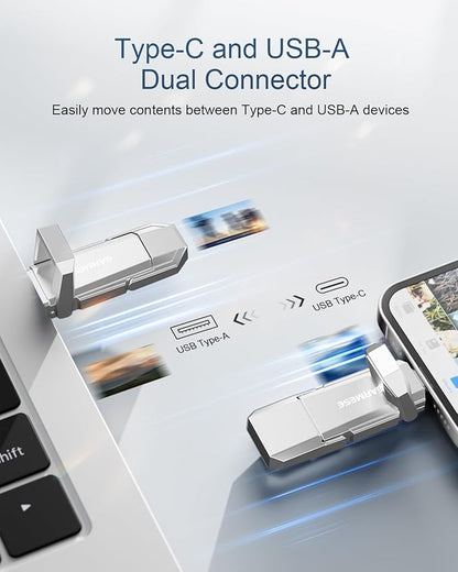 256GB USB C Flash Drive Up to 450MB/s USB 3.2 Solid State Thumb Drive Type-A + Type-C 2-in-1 Flash Drive Memory Stick Data Storage Compatible with Smartphone Tablet Computer Game Console