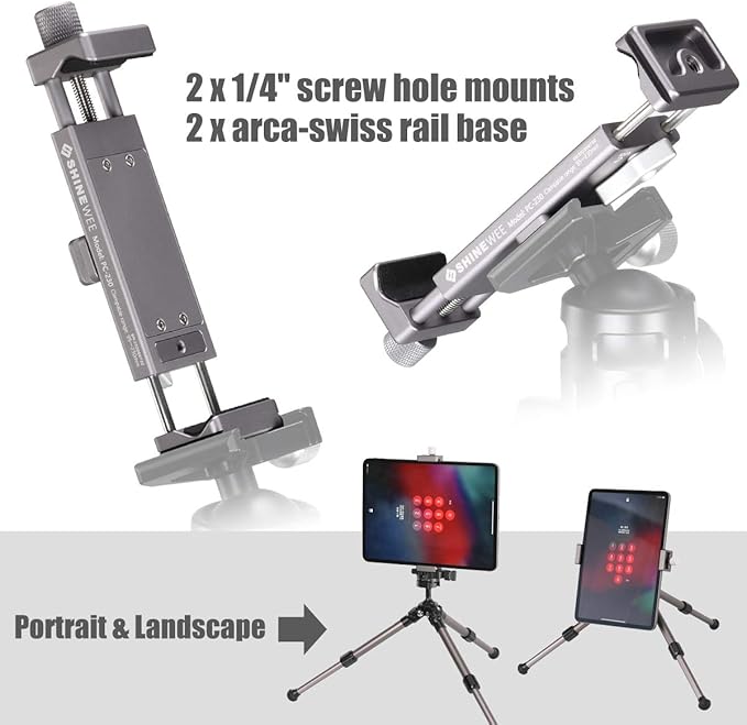 Full Metal Tablet Tripod Holder – Compatible with iPad mini, Air, Pro | 1/4" Screw & ARCA Dovetail Mounts | Universal Tablet Clamp Adapter