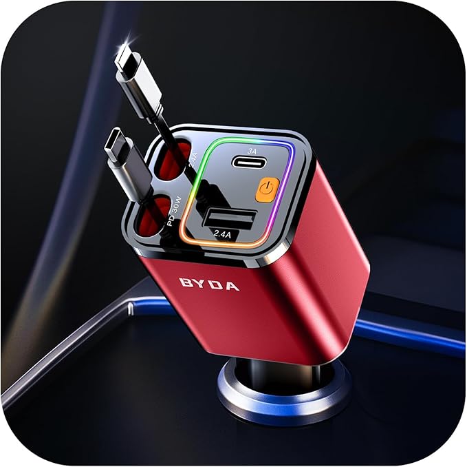 [2025 Mirco-Version] 4 in 1 Retractable Car Charger,69W Car Charger USB C,Cigarette Lighter Adapter,Fast Charging for iPhone 16e/16/15/14,13,Android (Red, for Lightning+USB-C)