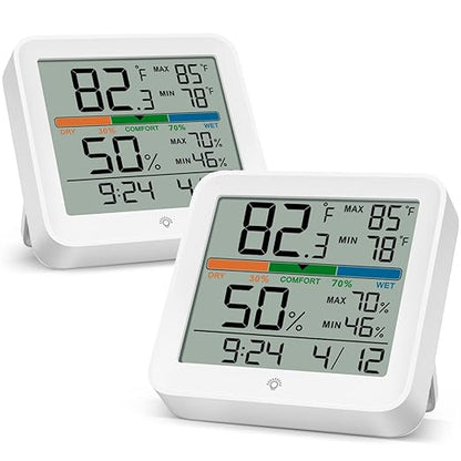 2 Pack Indoor Thermometer Room Temperature Home Hygrometer Humidity Gauge, Accurate with Calibration, Backlight, Air Comfort Indicator, 24H Max Min Records, Time, Date(AAA Batteries Included)