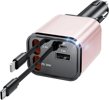 Retractable Car Charger, 4 in 1 Fast Car Phone Charger 69W, 2 Retractable Cables and 2 USB Port, Compatible with iPhone 16/15/14/13/12/11,Galaxy,Pixel