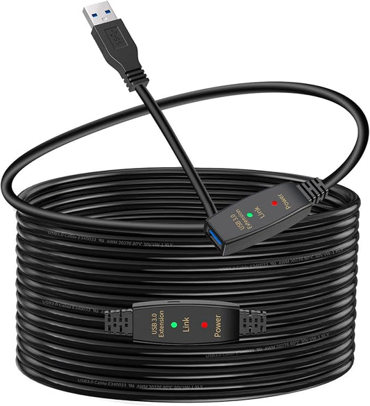 LDKCOK 50ft Active USB 3.0 Extension Cable, USB Type A Male to Female Extender Cord with Dual Signal Boosters and 5V/2A Power Port, 5Gbps Data Sync, Compatible with VR Headsets, Webcams, Hard Drives