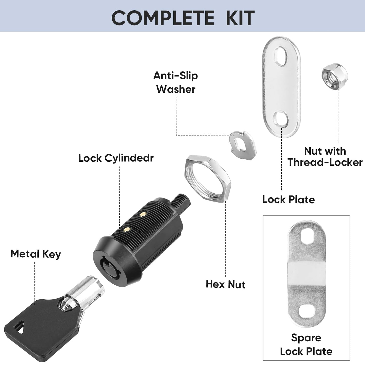 PTEROMY 5 Pack Cabinet Lock with Keys, 1-1/2'' Heavy Duty Tubular Cam Lock for RV Compartment Storage Locks, Full Set of RV Cam Locks (Black, 1-1/2'', 5 Pack)