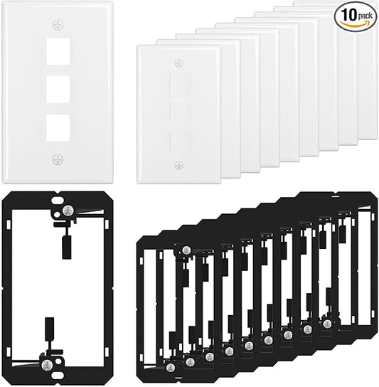 FGB 3-Port Keystone Wall Plate, with Low Voltage Mounting Bracket, with Single Gang Decorator Wall for RJ45, HDMI, and Coax Keystone Inserts, White, 10-Pack