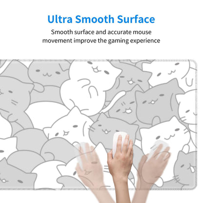 White Kawaii Cats E-Sport Mouse Pad Large Desk Mat Non-Slip Rubber Base Stitched Edge Keyboard Mouse Pad for Office Home E-Sport Computer Laptop, 31.5×11.8 Inches