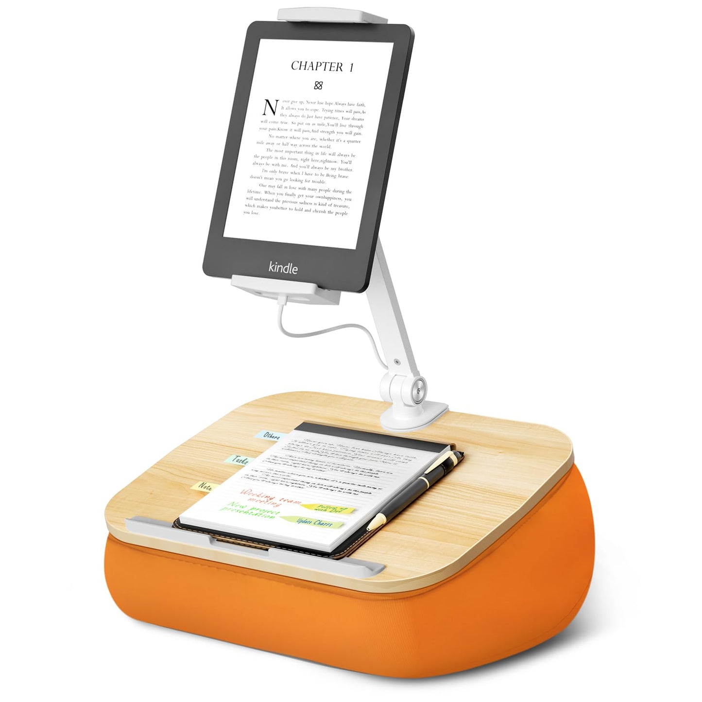 ERGONOV Lap Beanbag Cozy Pillow Stand for Bed with Adjustable Arm, 360° Tablet Holder, Fits 4.7"-13" Kindle, iPad, Phone, Lap Desk for Hands Free Reading in Bed, Couch, Sofa,Orange