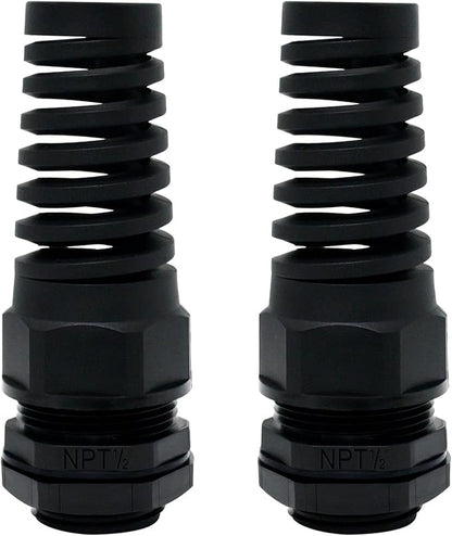 LeMotech 2Pcs NPT 1/2" IP68 Waterproof Cable Gland Flex Spiral Strain Relief Black Nylon Joint with Gaskets for 6-12mm Wire Thread