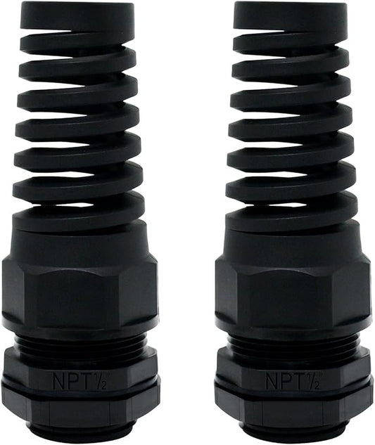 LeMotech 2Pcs NPT 1/2" IP68 Waterproof Cable Gland Flex Spiral Strain Relief Black Nylon Joint with Gaskets for 6-12mm Wire Thread