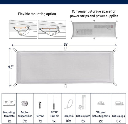 Cable Management net - Under Desk Wire Management - Flexible Under Desk Cable Management Tray White