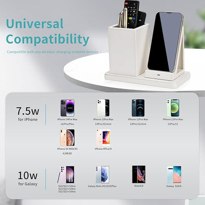 Wireless Charger with Desk Organizer, Wireless Charging Station for iPhone 14/14 Pro/13/12/11/Samsung Galaxy S23/S22/S21/S20/Note 20/Note 10, Charging Stand with Leather, White