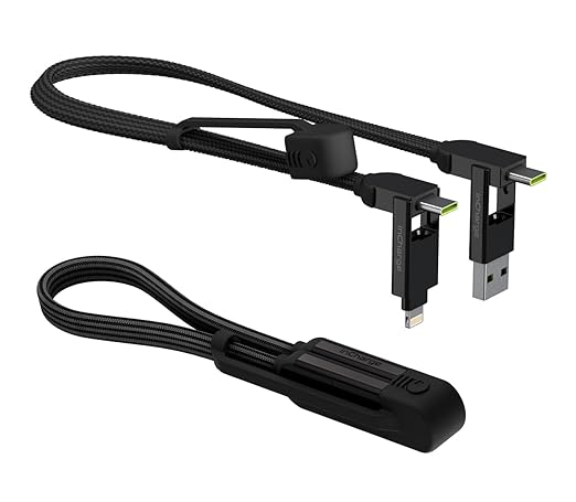 Rolling Square inCharge XL 6-in-1 Multi Charging Cable, Portable USB and USB-C Cable with 100W Ultra-Fast Charging Power, 1 Ft/0.3m, Urban Black