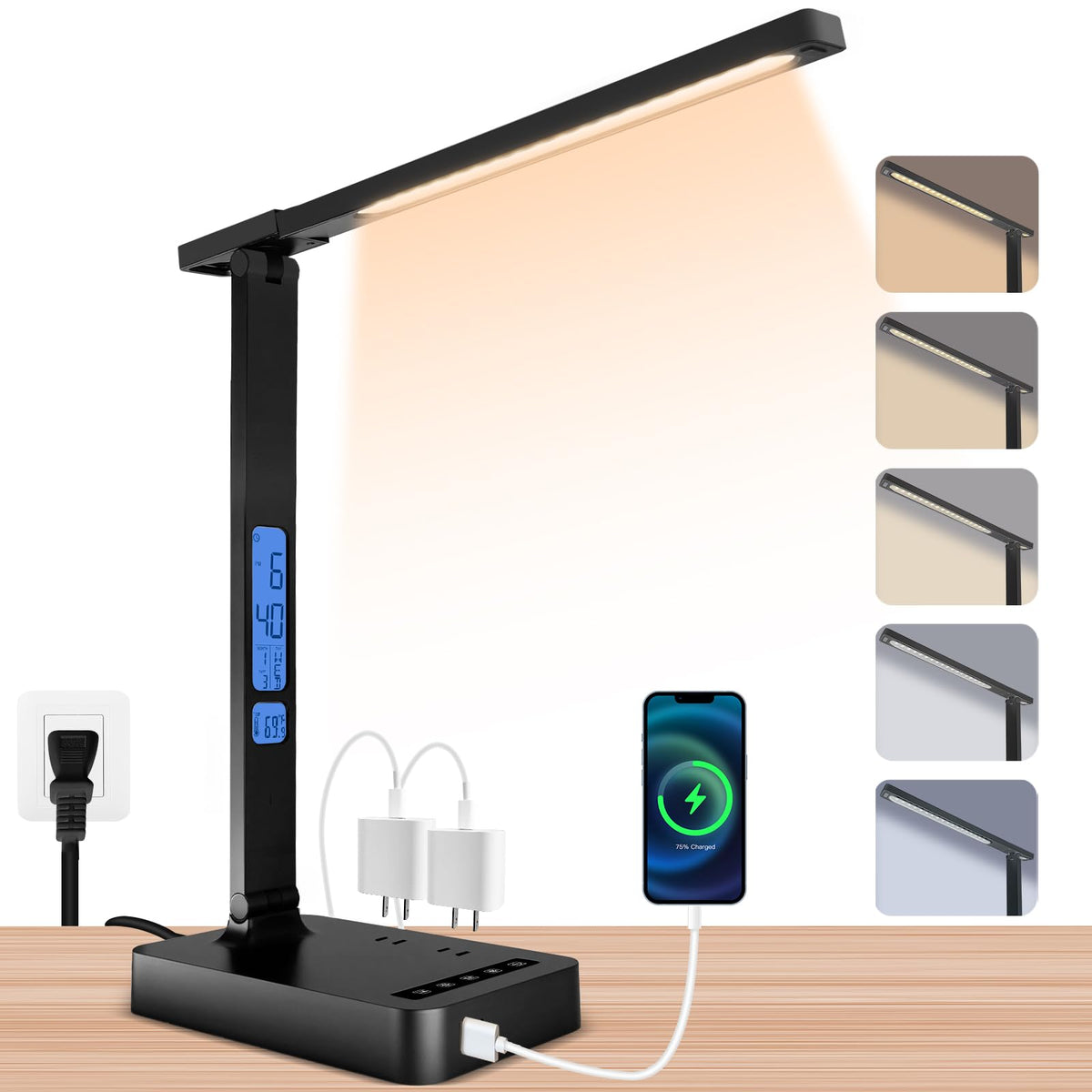 snsok Desk Light with Wireless Charger, USB Charging Port, Dimmable Office Desk Lamp with Clock, Alarm, Date, Temperature, Foldable Lamp for Table Bedroom Bedside Office